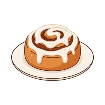2d flat illustration style "food", isolated on white background. No texts. A freshly baked cinnamon roll with swirled dough and white icing, presented in a warm and inviting flat illustration.