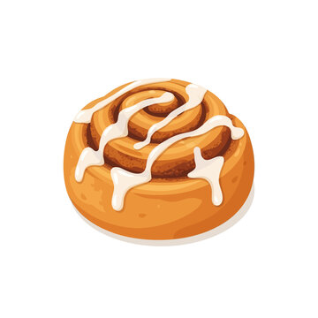 2d flat illustration style "food", isolated on white background. No texts. A freshly baked cinnamon roll with swirled dough and white icing, presented in a warm and inviting flat illustration.
