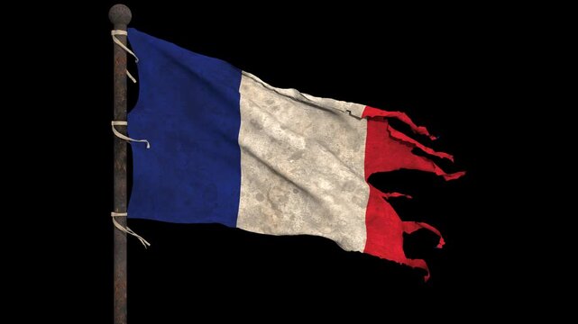 Worn and tattered france flag waving in slow motion on a rusty pole