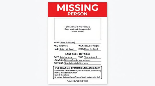 Blank missing person poster with red header and white fillable fields isolated on white missingperson notice flyer redheader whitebackground fillablefields