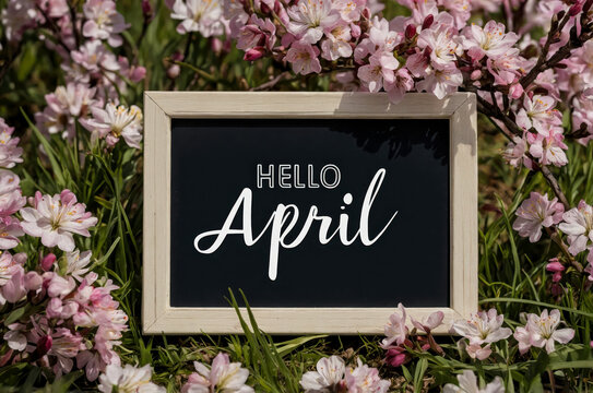 Poster card spring text lettering Hello April on romantic bloom blossom tree flowers AI Generative