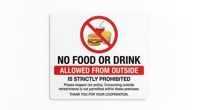 Prohibition sign featuring a hamburger and french fries within a red circle on a white background signage restriction regulation notice