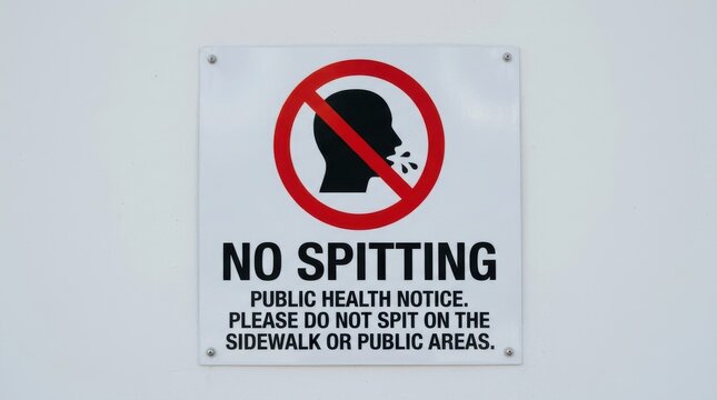 No spitting sign with a prohibited symbol against a white wall provides a public health notice prohibition signage regulation restriction