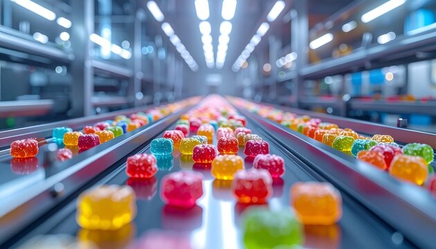 Colorful gummy candies moving along production line in factory