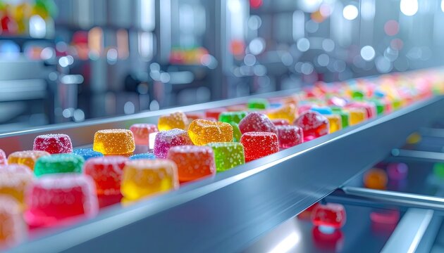 Colorful gummy candies moving on factory conveyor belt