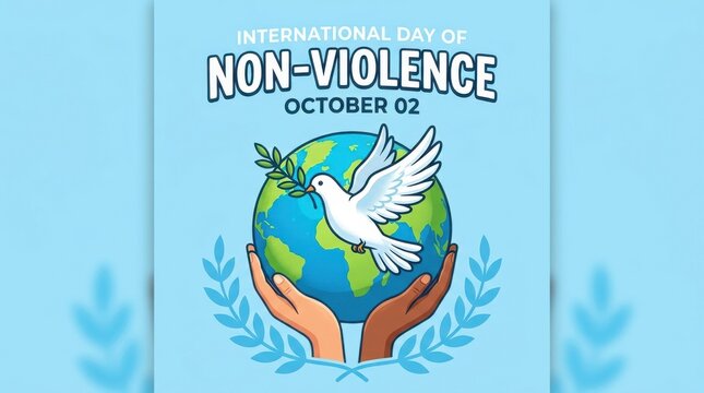 A vector illustration depicts a globe held by hands with a dove and olive branch celebrating non violence peace nonviolence