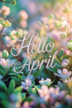 Poster card spring text lettering Hello April on romantic bloom blossom tree flowers AI Generative