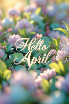 Poster card spring text lettering Hello April on romantic bloom blossom tree flowers AI Generative