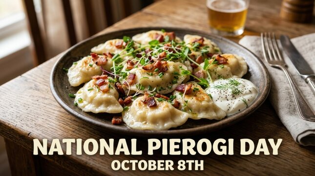 A plate of pierogi dumplings with bacon and herbs presents a hearty polish cuisine offering polishfood polishcuisine potatoandcheese savorypastry