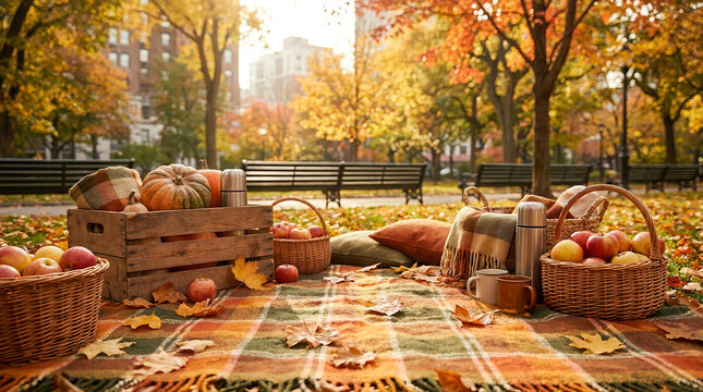 Cozy autumn picnic setup in a park with pumpkins, apples, blankets, and thermoses on a sunny day