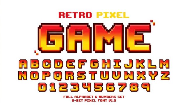 Retro pixel font displaying the word game alongside a full alphabet and numbers set on a white background 8bit