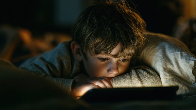 Young boy lying in bed at night looking at digital tablet screen with glowing reflection on his face in dark room, childhood technology addiction concept, emotional portrait of kid using mobile device