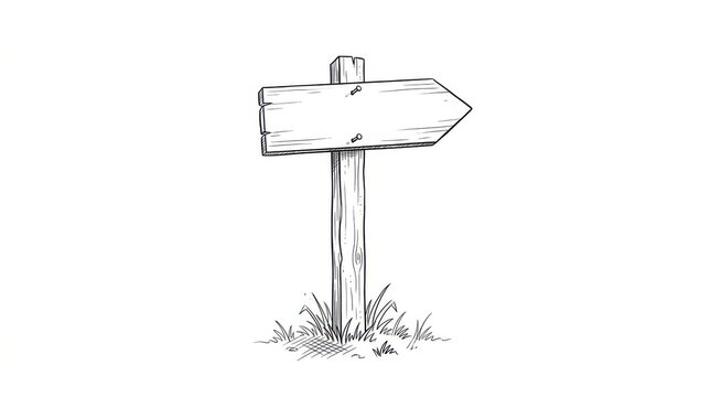 A wooden signpost with an arrow shape stands amidst grassy vegetation depicted in a black and white sketch arrowhead