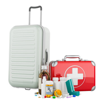 Suitcase with first aid kit and travel medicines. Travel health and emergency medical kit, concept. 3d rendering