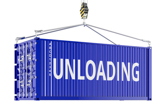 Unloading concept with shipping container. 3D rendering