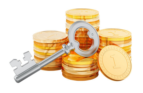 Silver key with stacks of gold coins, key to wealth and financial success. 3D rendering
