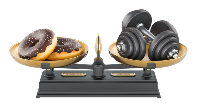 Donuts and dumbbells on balance scale, diet and fitness concept. 3D rendering