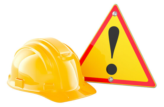 Construction hard hat with warning sign, workplace safety and hazard alert concept. 3D rendering