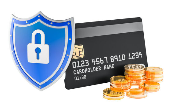 Bank card with shield and gold coins, secure payment and financial protection concept. 3D rendering