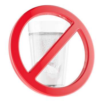 Tablet in water with prohibition sign, medication safety warning concept. 3D rendering