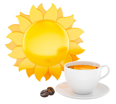 Coffee cup with sun and coffee beans, morning energy concept. 3D rendering