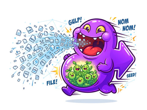 Funny purple monster eating files and documents with a big smile