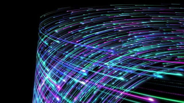 3D render futuristic digital light trails showing the flow of data on dark background. High speed fiber optics internet connectivity. Cyberspace network 4k seamless loop