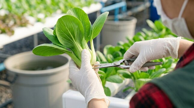 Close-up shot of a gloved farmer using metal pruning shears to carefully trim the roots of a freshly harvested hydroponic bok choy plant in a greenhouse setting.