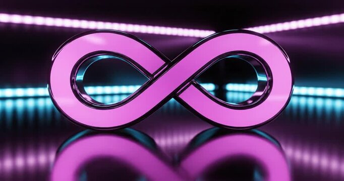 Illuminated infinity symbol standing on a reflective surface, futuristic symbol of infinity with cyberpunk lighting and a mirrored reflection. 4K Video