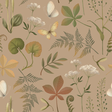 Seamless pattern of leaves, forest plants, and butterflies on a beige background.