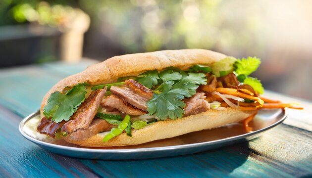 close up delicious banh mi sandwich with grilled pork slices pickled vegetables and fresh herbs a savory vietnamese street food meal outdoors sunlight
