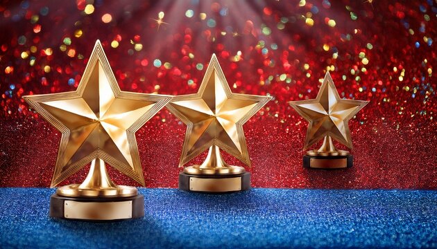 golden star trophies on sparkling red and blue glitter background