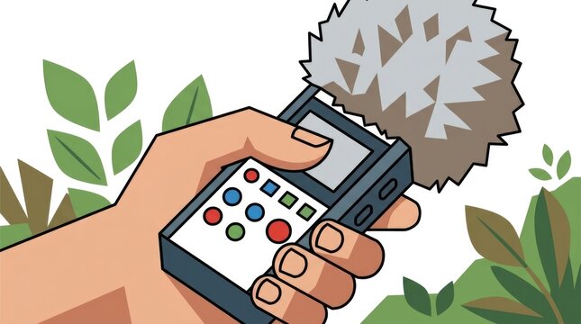 Close-up of a hand holding a digital audio recorder with a windshield, focused on the device and hand, outdoor garden background with simple leaf shap