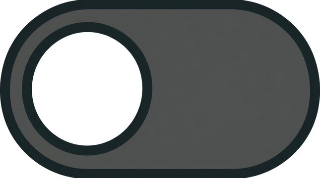 Dark mode 'toggle' button, a white circle within a dark gray capsule shape, bold outlines, minimalist design, close-up shot. close-up shot, subject fi