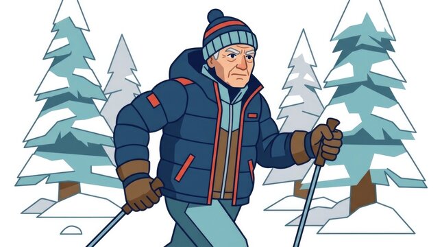 Elderly man playing Nordic walking in a snowy forest, wearing warm winter gear, determined expression, carrying walking sticks, frosted trees and whit