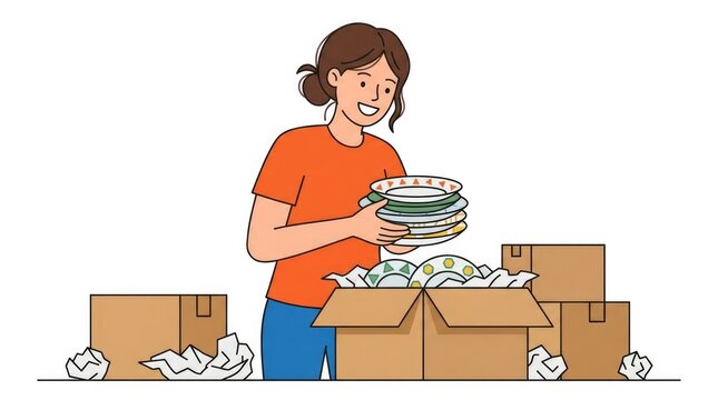 Young woman unpacking a cardboard box in a bright minimalist room, holding a stack of geometric plates, happy expression, boxes and packing paper scat