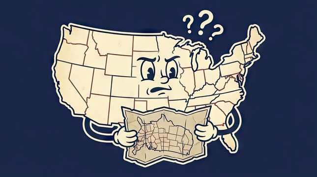 Confused USA map character holding navigation map.