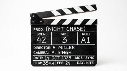 Naklejka premium Black movie clapperboard with white text on isolated white background with diagonal stripes isolated black film slate entertainment production