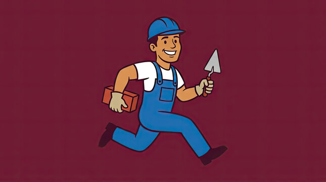 Mason construction worker running with brick and trowel.