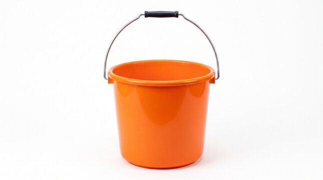 Bright orange plastic bucket with metal handle isolated on white background with displays vivid orange construction maintenance laboratory with container