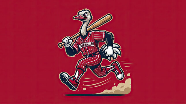 Ostrich baseball player running with a bat.