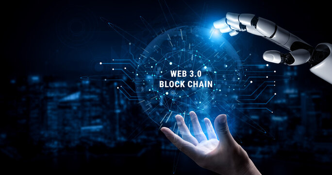The role of AI on the Web 3.0 blockchain technology network. A concept of a decentralized web using a distributed ledger and AI. Motif