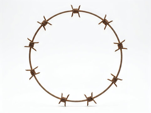 Rusty barbed wire circle on white background, sharp metal wire crown, circular rusty fence border for security and prison concepts