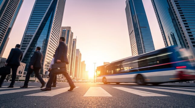 Business People Crossing City Street During Morning Commute