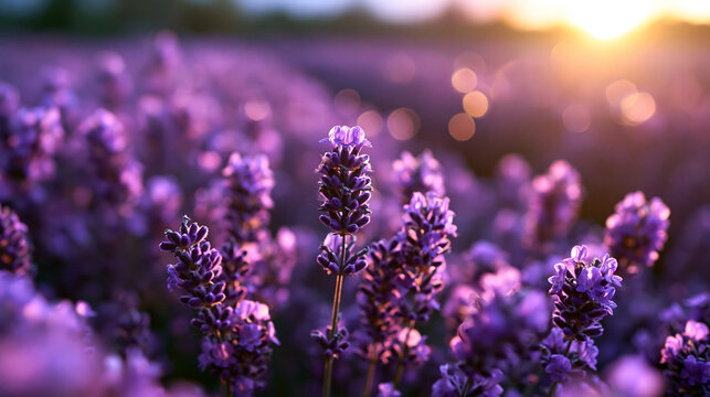 Blooming Lavender Flowers in Sunset Golden Light