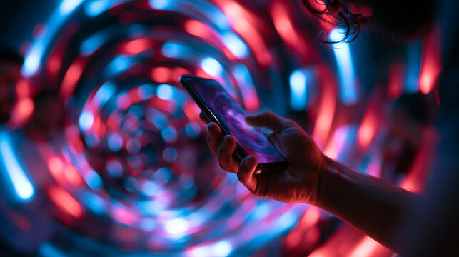 Hand Holding Smartphone Against Futuristic Neon Light Vortex