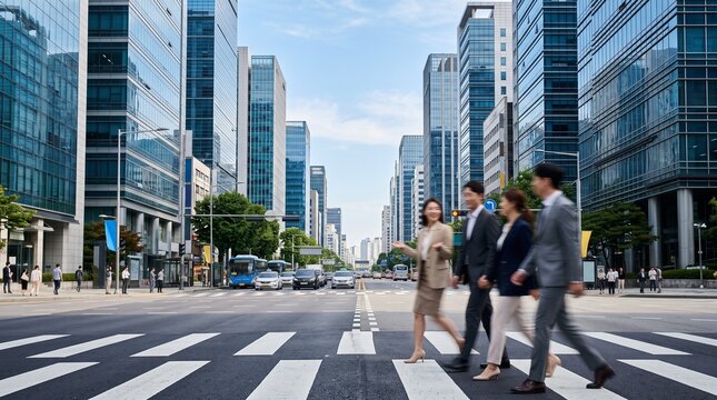 Asian Business People Walking on Crosswalk in Financial District
