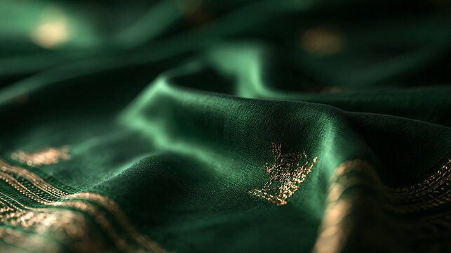 Emerald Green Silk Fabric with Gold Embroidery Texture