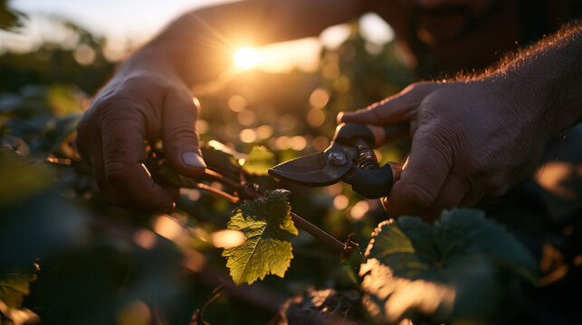 Hands Pruning Grapevine with Shears at Sunset