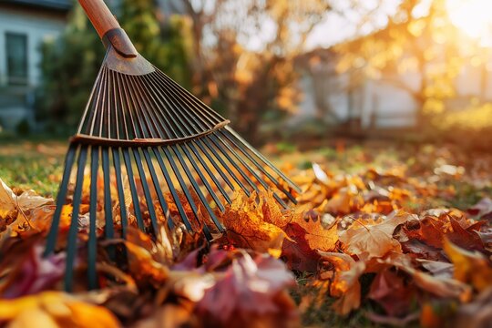 Close-up of a rake gathering vibrant autumn leaves in a sunlit garden, capturing fall yard work, seasonal cleanup, and colorful foliage in natural outdoor light.